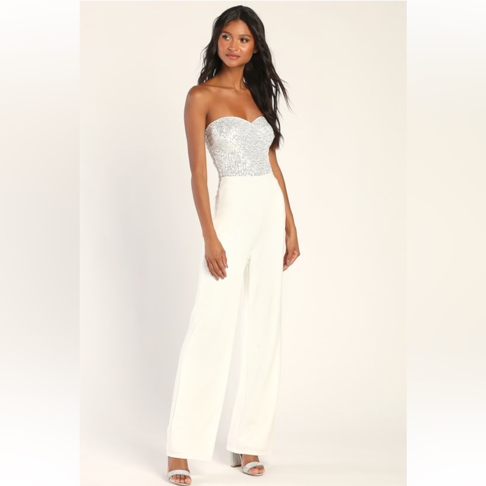 Lulu's Silver and White Strapless Jumpsuit